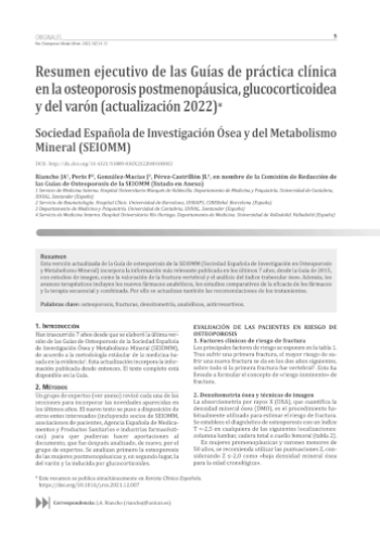 Resumen ejecutivo de las Guías de práctica clínica en la osteoporosis postmenopáusica, glucocorticoidea y del varón (actualización 2022)